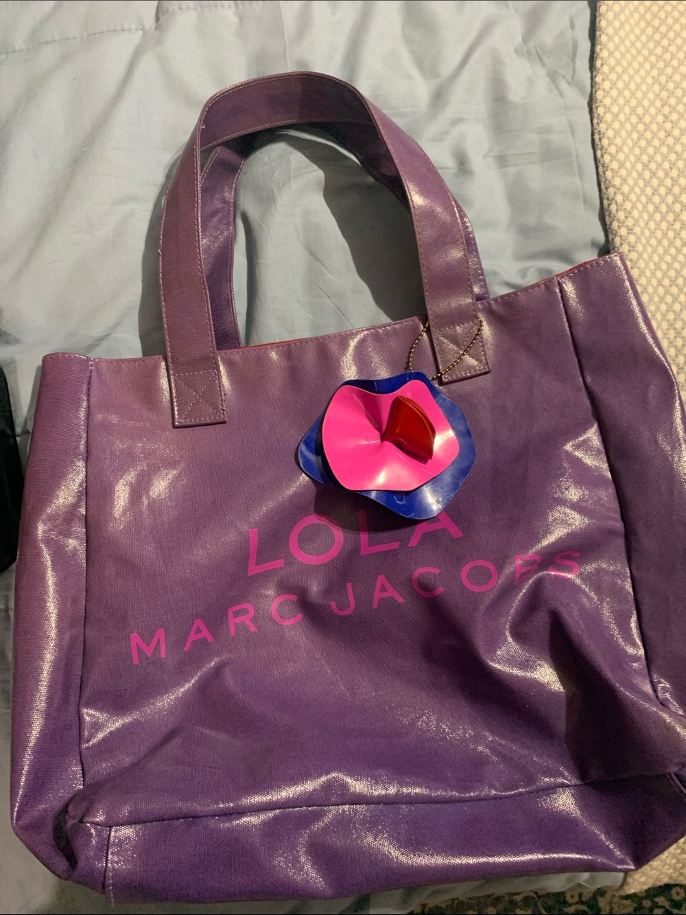 Marc Jacobs Purple Tote with Pink Logo and Multicolor Charm